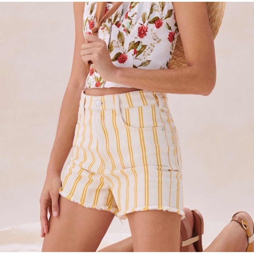 Anthropologie Pilcro Yellow Striped High Rise Denim Shorts Size 31 Raw Hem